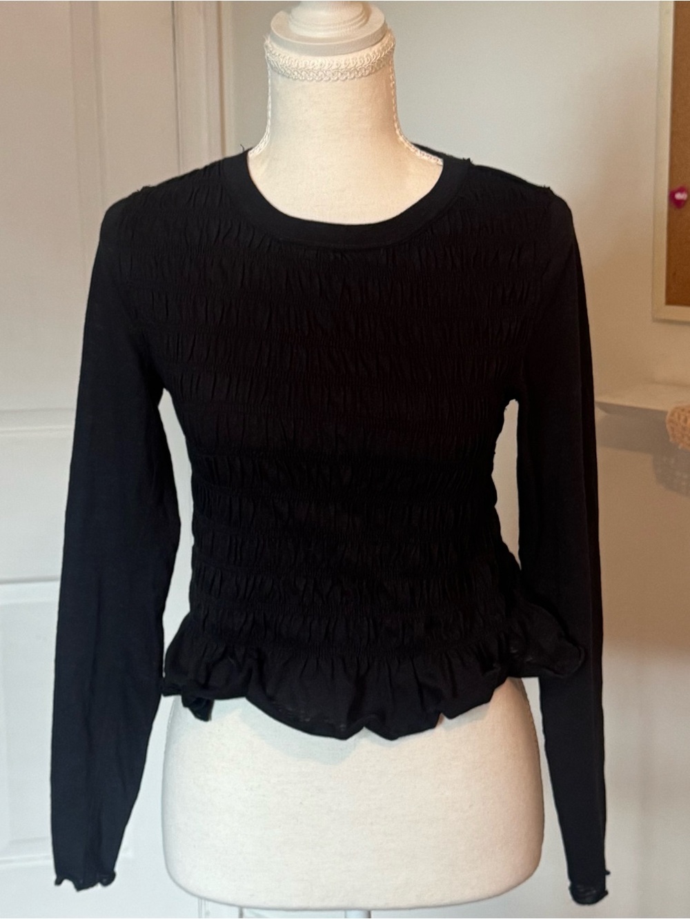 Free People We The Free "Slyvie" Smocked Ruffle Top Long Sleeve Black Size Smal